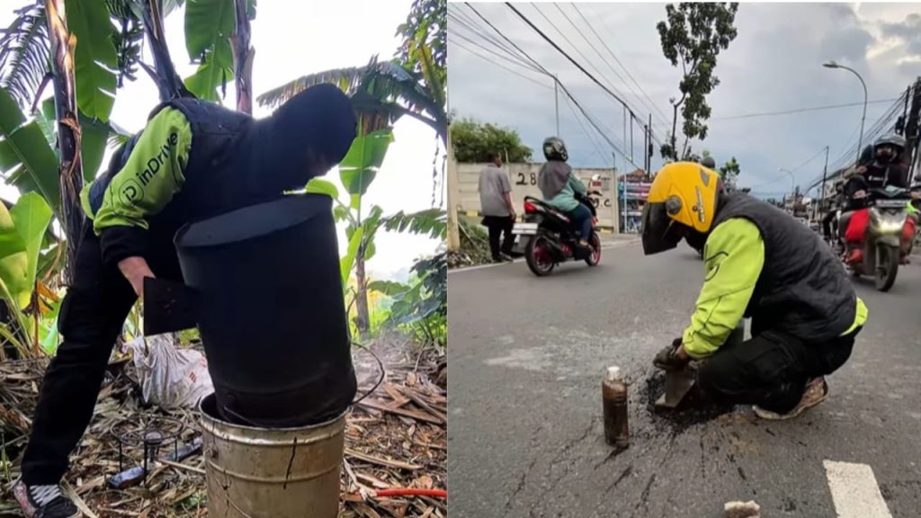 Aksi Mandiri Driver Ojol Tambal Jalan Berlubang