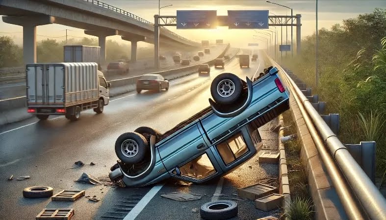Ban Pecah, Pikap Terbalik di Tol Jagorawi