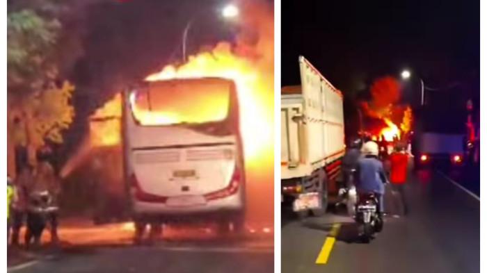 Bus Neo Harapan Terbakar Usai Tabrak Motor
