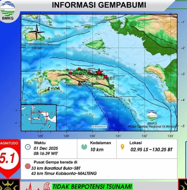 Gempa M5,1 Guncang Seram Timur Pagi Ini