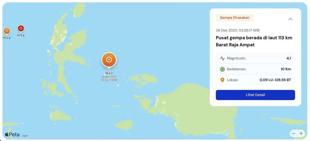 Gempa Magnitudo 4,1 Guncang Perairan Raja Ampat
