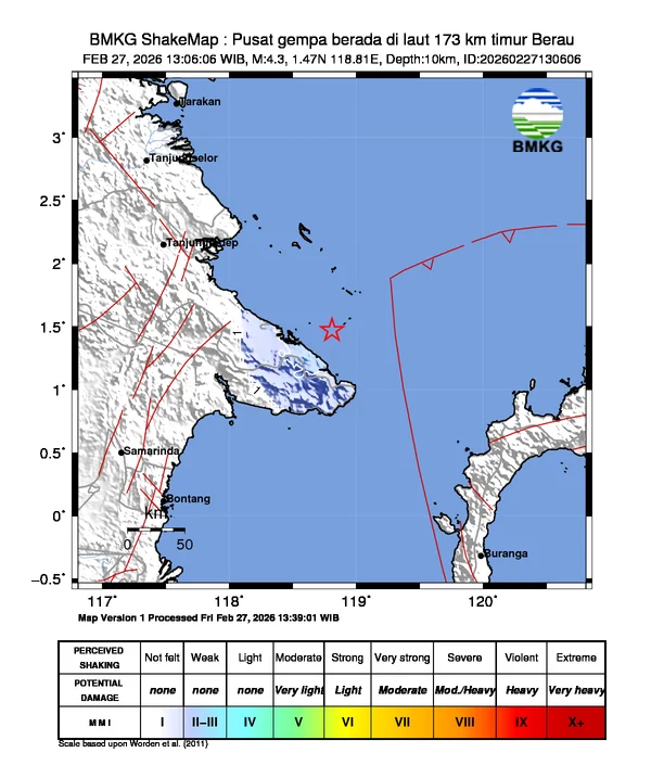 Gempa Magnitudo 4,3 Guncang Perairan Timur Berau