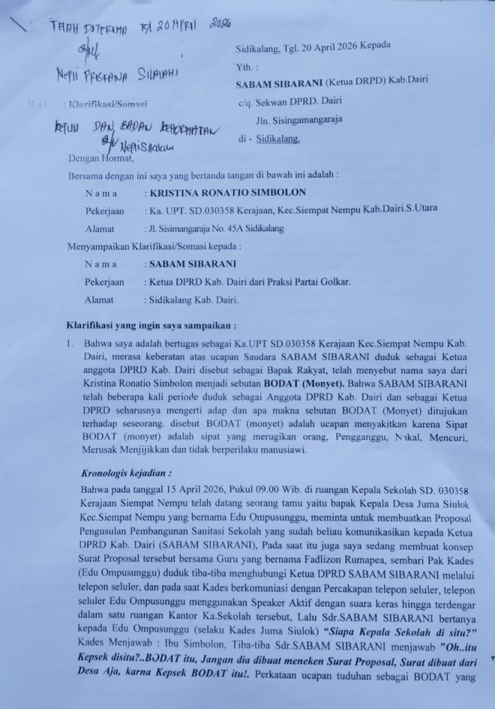 Somasi Kepala Sekolah ke Ketua DPRD Dairi, Dugaan Ucapan “Bodat” Picu Polemik