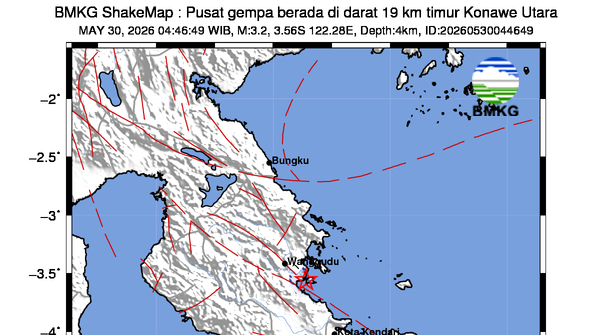 Gempa Magnitudo 3,2 Guncang Konawe Utara Dini Hari