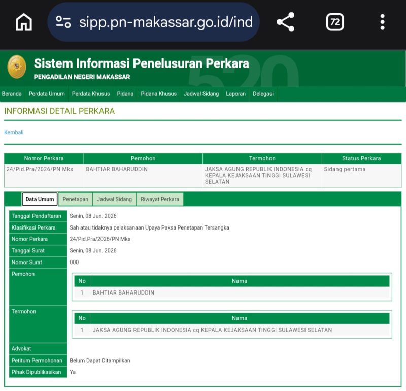 Bahtiar Gugat Status Tersangka, Penyidik Tetap Siapkan Pelimpahan